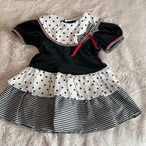 Vintage 90's Roanna Girls‎ Dress 4T Black White Polka Dot Striped Velvet Tiered